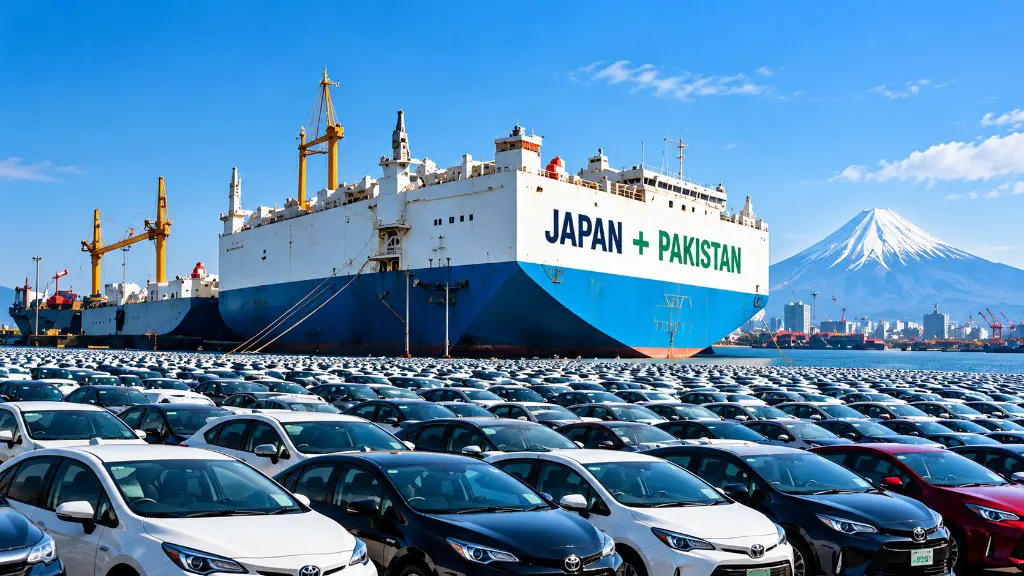 Car carrier ship sailing from Japan, with rows of cars ready for export